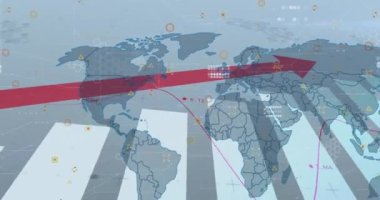 Harita üzerinde ok animasyonu ve soyut arkaplana karşı sayıları değiştirmek. Dijital olarak üretilen hologram, illüstrasyon, rapor, iş dünyası, küresel büyüme ve teknoloji kavramı.