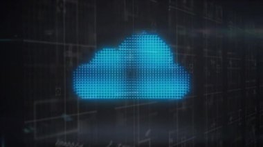 Güvenlik kilidi, kalkan ve bulut simgesi animasyonu ve siyah arka plan. Siber güvenlik ve iş teknolojisi kavramı