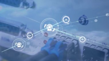 Yönlendirici üzerinden simgelerle bağlantı ağının animasyonu. Küresel iş ve dijital arayüz kavramı dijital olarak oluşturulmuş video.