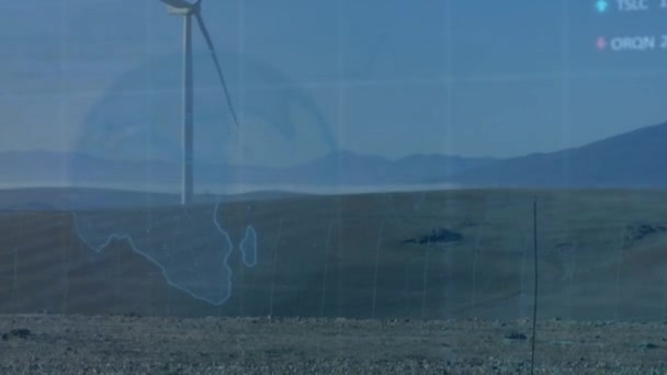 Rüzgâr Türbininin Üzerindeki Küresel Finansal Veri Işleme Animasyonları Küresel Ekoloji — Stok video