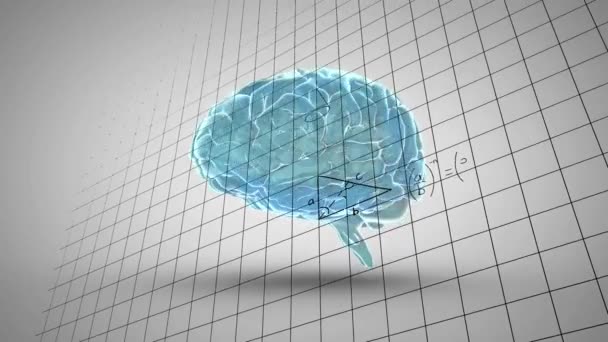 灰色の背景に人間の脳のアイコンを回転させる上での数学方程式のアニメーション 医学研究とビジネス技術の概念 — ストック動画