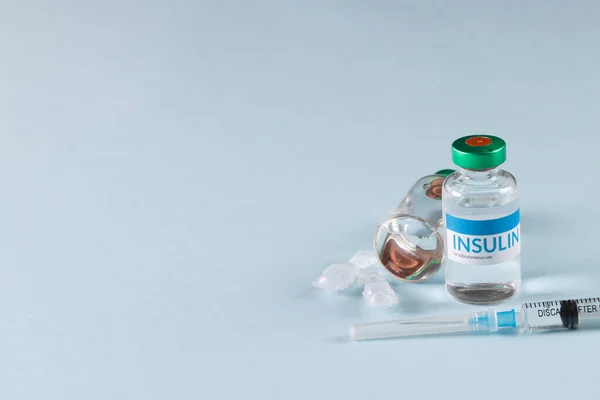 Vials Insulin Caplets Syringe Blue Background Copy Space Blood Sugar — Stock Photo, Image