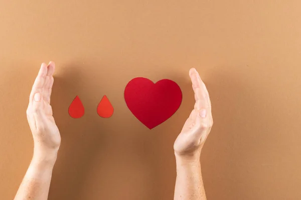 Hands of caucasian woman protecting blood drops and heart on brown background. Blood donation, heart health, medicine and healthcare.