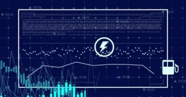 Grafik animasyonu, yükleme çubuğu, mavi arkaplan ile birden fazla simge üzerindeki veriler. Dijital olarak üretilen hologram, illüstrasyon, fikirler, rapor, iş dünyası, büyüme, ilerleme ve teknoloji kavramı.