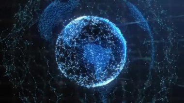 Birbirine bağlı noktaların üzerindeki çizgilerin animasyonu siyah arkaplan karşısında küre ve şekiller oluşturuyor. Dijital olarak üretilmiş, hologram, illüstrasyon, iletişim, küreselleşme, aydınlanma ve teknoloji.