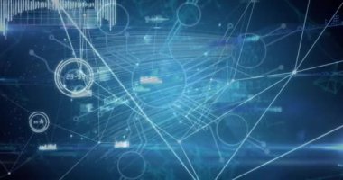 Bağlantı ağının animasyonu, veri işleme, mavi arkaplandaki mikroişlemci bağlantıları. Küresel ağ ve iş teknolojisi kavramı