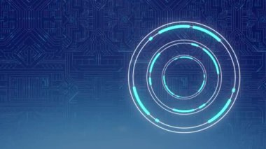 Mavi arkaplanda mikro işlemci bağlantısı üzerinde dönen neon yuvarlak tarayıcının animasyonu. Bilgisayar arayüzü ve iş teknolojisi kavramı