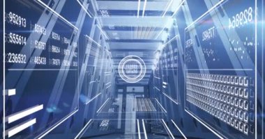 Animation of interface with data processing against computer server room. Computer interface and business data storage technology concept