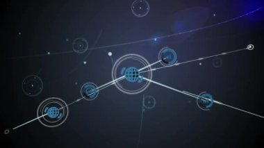 Mavi arkaplan karşısında dijital simgelerin ve ışık noktalarının animasyonu. Küresel ağ ve iş teknolojisi kavramı