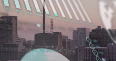 Şehir manzarasının havadan görüntüsüne karşı istatistiksel veri işleme animasyonu. Bilgisayar arayüzü ve iş veri teknolojisi kavramı