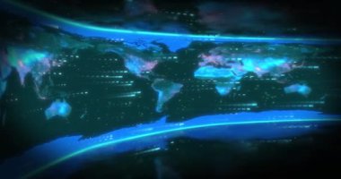 Animation of data processing over world map. Global business, finances, computing and data processing concept digitally generated video.