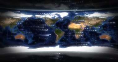 Animation of data processing over world map. Global business, finances, computing and data processing concept digitally generated video.