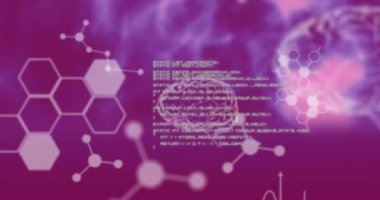 Kimyasal formülle veri işleme animasyonu ve mor arka planda dijital beyin. Bilim, bağlantılar ve dijital arayüz konsepti dijital olarak oluşturulmuş video.