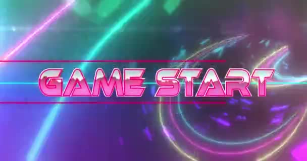 Animation Des Spielbeginns Text Über Neon Tunnel Auf Schwarzem Hintergrund — Stockvideo