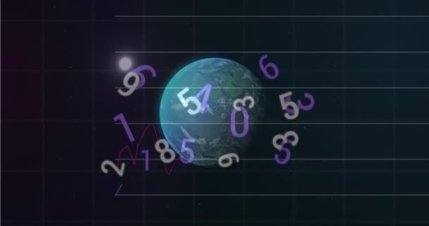 Animation Wechselnder Zahlen Über Graphen Und Rotierender Globus Und Mond — Stockvideo