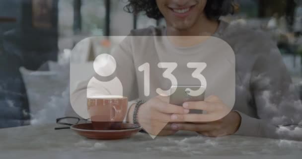 Animation Profile Icon Increasing Number Biracial Man Using Smartphone Cafe — Stock Video