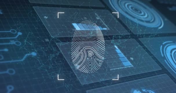 青の背景でデータ処理とのインターフェイスに対する生体指紋スキャナのアニメーション サイバーセキュリティとビジネスインターフェース技術の概念 — ストック動画