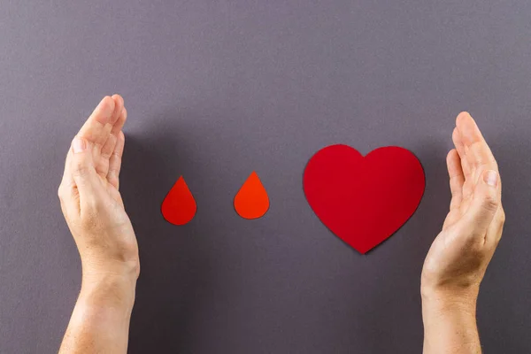 Руки Белой Женщины Защищающей Капли Крови Сердце Сером Фоне Донорство — стоковое фото