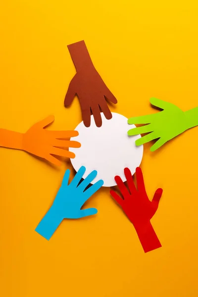 Paper Cut Out Multi Coloured Hands White Circle Copy Space — Stock Photo, Image
