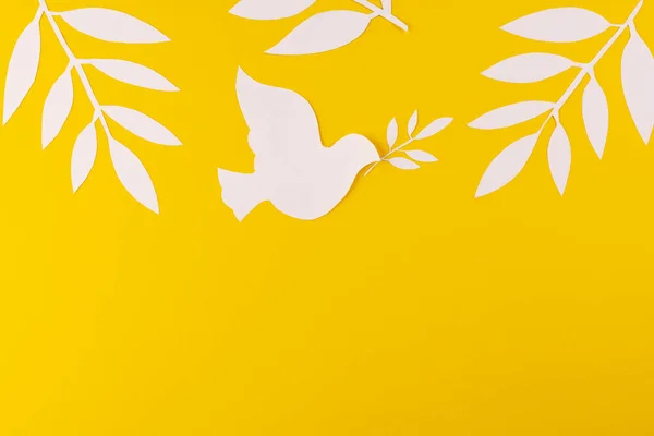 Beyaz Güvercini Yapraklarla Kapatın Sarı Arkaplanda Boşluğu Kopyalayın Barış Savaş — Stok fotoğraf