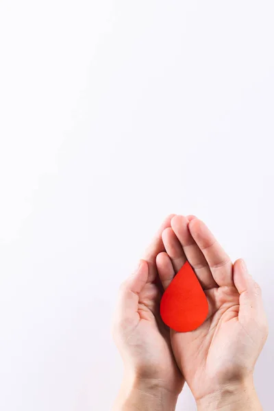 Hands Caucasian Woman Cupping Blood Drop White Background Copy Space — Stock Photo, Image