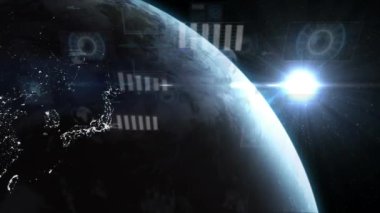 Çoklu grafikler, radarlar, dönen dünya üzerindeki bilgisayar dilinin ve merceğin animasyonu. Dijital olarak üretilmiş, hologram, illüstrasyon, rapor, iş dünyası, küreselleşme, kodlama ve teknoloji.