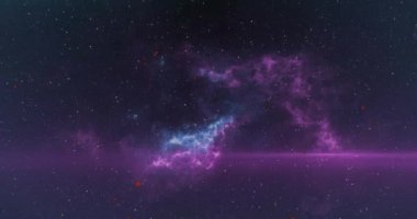 Yüzen kırmızı noktaların animasyonu ve uzay arka planına karşı mor ışık izleri. Teknoloji arka plan kavramı