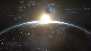 Radarların animasyonu, bilgisayar dili, ses dalgaları, mercek fişeğine karşı dünya haritası. Dijital olarak üretilmiş, hologram, illüstrasyon, küreselleşme, kodlama, sonar, kodlama ve teknoloji konsepti.