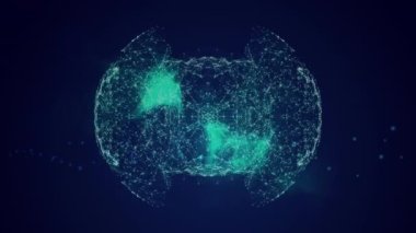 Karanlık arka planda bağlantıları olan dünyanın animasyonu. Küresel ağlar, işletmeler, finansmanlar, hesaplama ve veri işleme kavramı dijital olarak oluşturuldu.