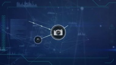 Animation of network of digital icons and data processing against blue background. Global networking and business technology concept