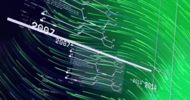 Siyah arkaplanda hareket eden çizgilerin üzerinde bilgisayar dili olan devre kartı modellerinin animasyonu. Dijital olarak üretilmiş, hologram, illüstrasyon, büyüme, kodlama, ilerleme ve teknoloji kavramı.