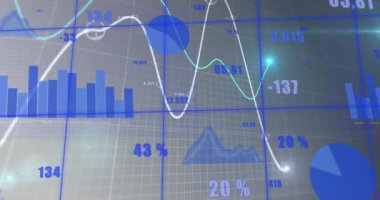 Soyut arkaplana karşı değişen sayılarla birlikte çoklu grafikler üzerindeki ızgara deseninin animasyonu. Dijital olarak üretilmiş, hologram, illüstrasyon, rapor, iş dünyası, aydınlanma ve büyüme kavramı.