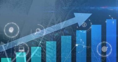 Düşük açılı binaların görüntüsüne karşı oklar üzerinde daireler şeklinde ikon animasyonu. Dijital bileşik, çoklu pozlama, rapor, iş, büyüme, soyut, küreselleşme ve teknoloji kavramı.