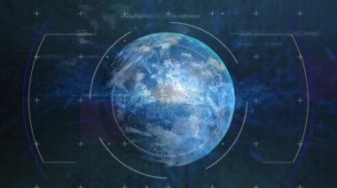 Ses dalgaları ve bilgisayar dilinin arkaplandaki dünyaya karşı çember animasyonu. Dijital olarak üretilmiş, hologram, illüstrasyon, küreselleşme, şekil, soyut, kodlama ve teknoloji kavramı.