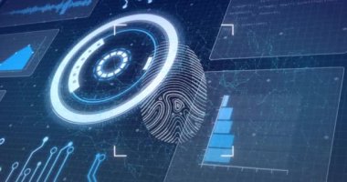 Biyometrik parmak izi tarayıcısının mavi arkaplandaki yuvarlak tarayıcı veri işlemcisiyle karşılaştırılması. Siber güvenlik ve iş arayüzü teknolojisi kavramı