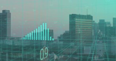 Animation of financial data processing over cityscape. Global business, finances, computing and data processing concept digitally generated video.