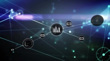 Mavi arkaplandaki ışık noktalarıyla bağlantı ağının ve dijital simgelerin animasyonu. Küresel ağ ve iş teknolojisi kavramı