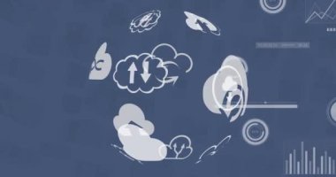 Simgeli ve finansal veri işlemeli dünyanın animasyonu. Küresel finans, iş dünyası, bulut hesaplama ve veri işleme kavramı dijital olarak oluşturulmuş video.