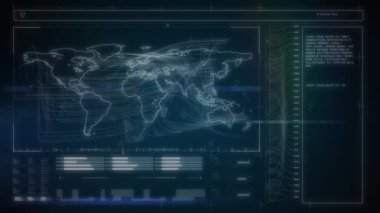 Dünya haritası ve veri işleme ile dijital ekranın animasyonu. Küresel iş, finans, hesaplama ve veri işleme kavramı dijital olarak oluşturulmuş video.
