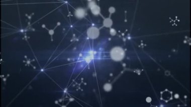 Karanlık arka planda moleküllerle bağlantı ağının animasyonu. Küresel ağlar, işletmeler, finansmanlar, hesaplama ve veri işleme kavramı dijital olarak oluşturuldu.