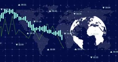 Soyut arkaplan üzerinde numaralar ve harita bulunan birden fazla grafiğin animasyonu. Dijital olarak üretilmiş, hologram, illüstrasyon, küreselleşme, rapor, iş ve büyüme kavramı.