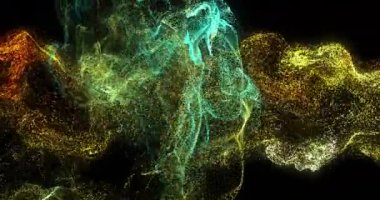 Aydınlanmış noktaların animasyonu siyah arkaplana karşı dinamik dalga desenleri oluşturuyor. Dijital olarak üretilmiş, hologram, illüstrasyon, fütüristik, soyut, veri ve teknoloji konsepti.