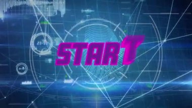 Başlangıç metninin parmak izi üzerinde canlandırması, bağlantılı noktalar, mavi arkaplandaki kalkanlarda asma kilit. Dijital olarak üretilmiş, hologram, biyometrik, koruma, başlangıç ve teknoloji kavramı.