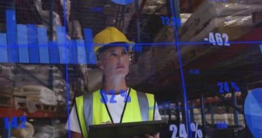 Depoda dijital tablet kullanan beyaz kadın çalışanın veri işleme animasyonu. Lojistik iş teknolojisi konsepti