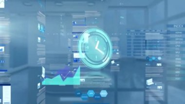 Boş odadaki bilgi arayüzü ve takas panosu üzerinden dijital saatin animasyonu. Dijital bileşik, çoklu pozlama, rapor, iş, büyüme, borsa, soyut ve teknoloji kavramı.