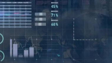 Animation of financial data processing over globe. Global business, finances, computing and data processing concept digitally generated video.