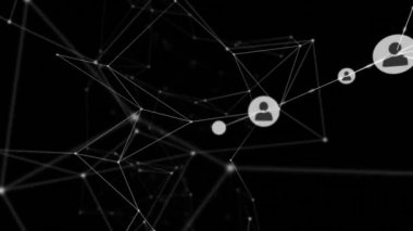 Siyah arkaplana karşı bağlantı ağının ve profil simgelerinin canlandırılması. Küresel ağ ve iş teknolojisi kavramı
