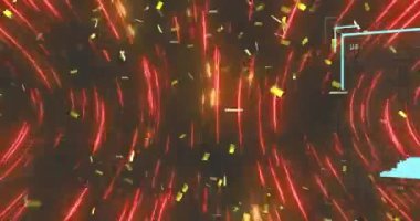 Dijital profil resimlerinin konfeti üzerine animasyonu ve siyah arkaplanda dairesel dalga deseni. Dijital olarak üretilmiş, hologram, illüstrasyon, aydınlatılmış, nft, kutlama ve teknoloji konsepti.