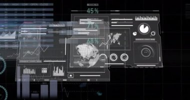 Finansal veri işleme animasyonunun dünya haritası ve siyah arkaplan üzerinde dünya haritası. Küresel iş, finans ve dijital arayüz kavramı dijital olarak oluşturulmuş video.