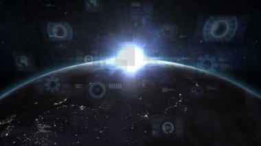 Grafiklerin, radarların, bilgisayar dilinin, arka plandaki lens parlamasına karşı animasyonu. Dijital olarak üretilmiş, hologram, illüstrasyon, küreselleşme, sonar, kodlama ve teknoloji konsepti.